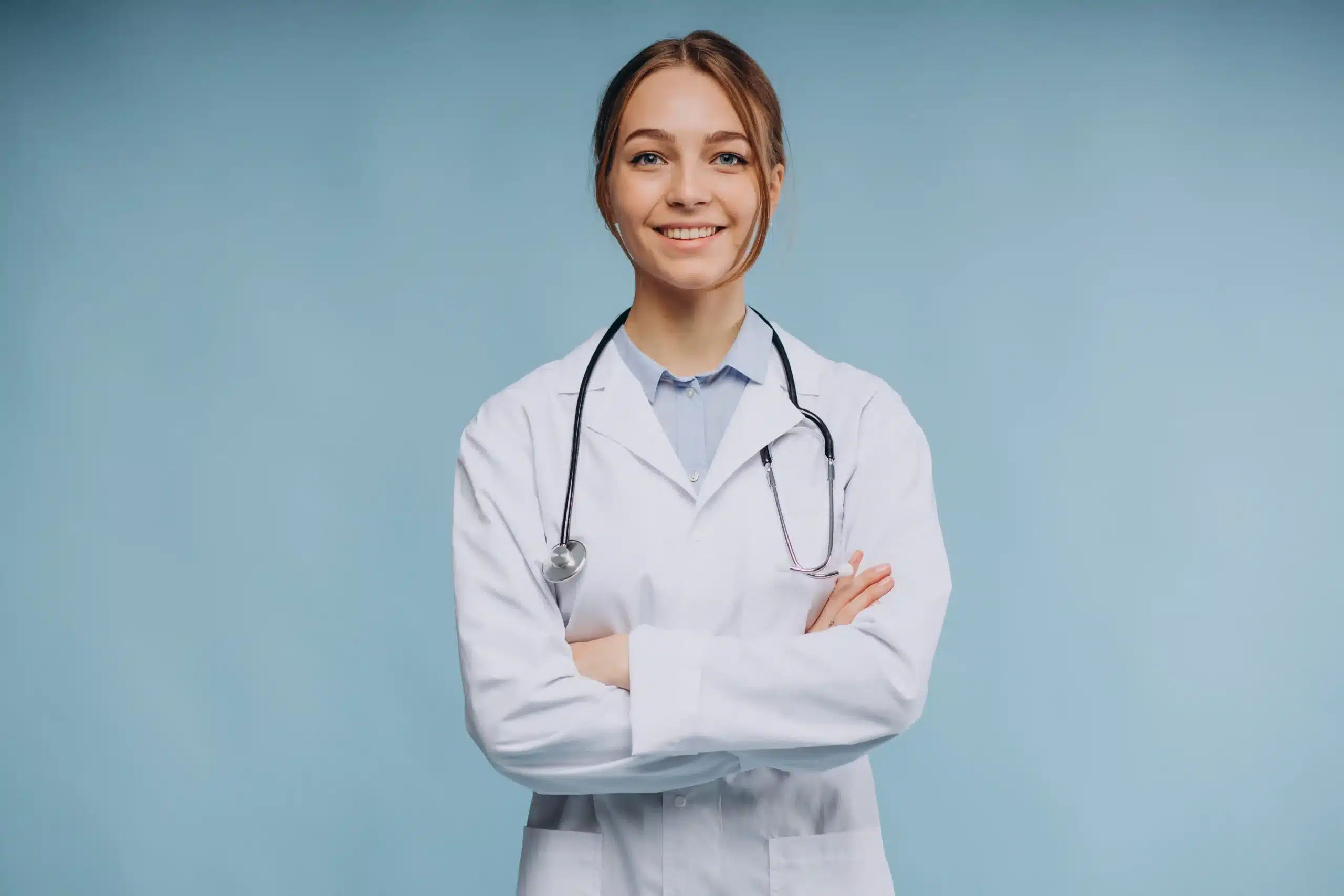 Woman doctor wearing lab coat with stethoscope — vidBoard for dental and medical product companies