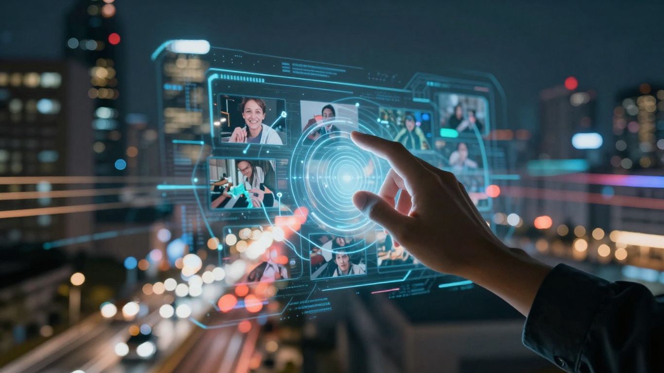 Person editing video with futuristic interface