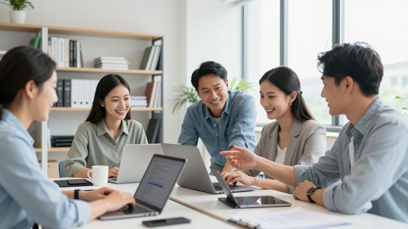 Team discussing learning management system at bright office table