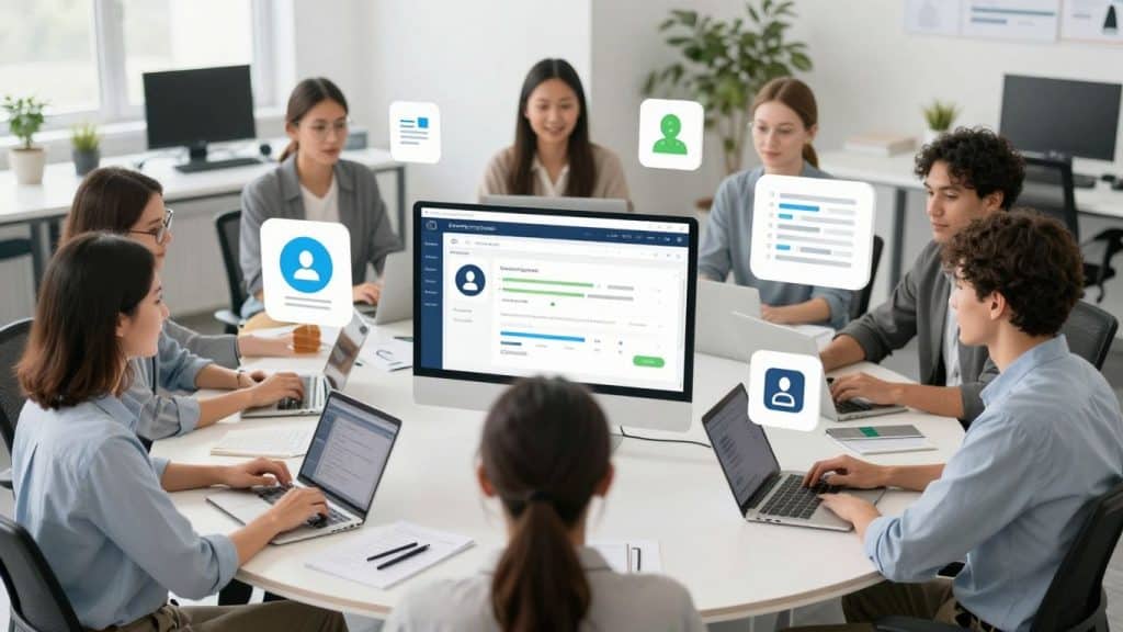 Team comparing LMS features with digital icons.