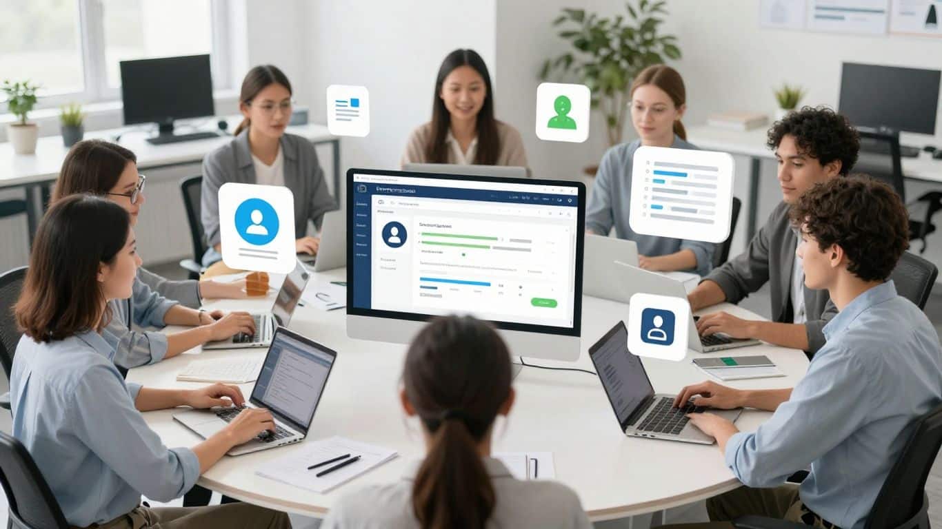 Team comparing LMS features with digital icons.