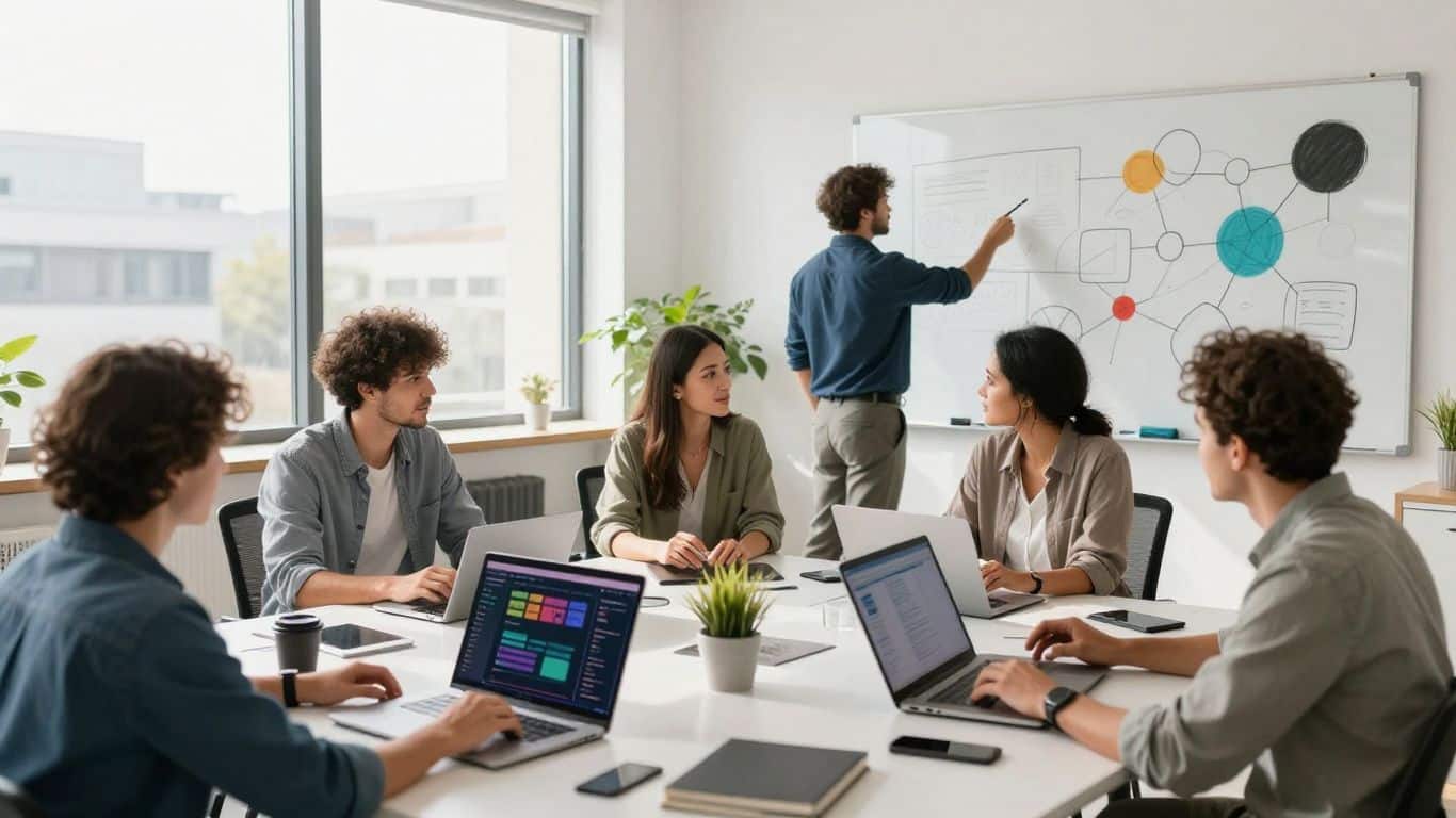 Small business team collaborating with laptops and whiteboard.