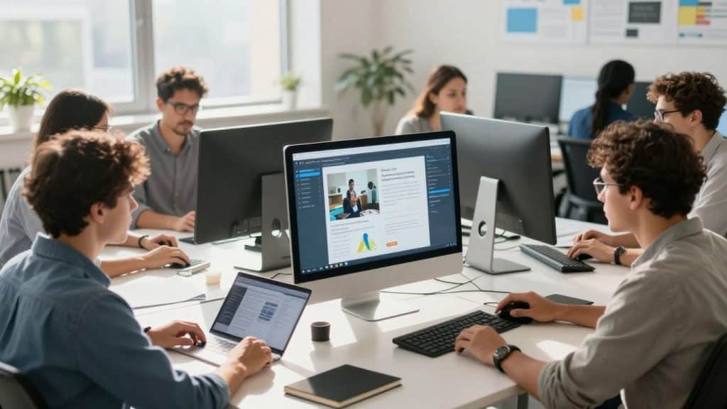 People using a learning management system on a computer.
