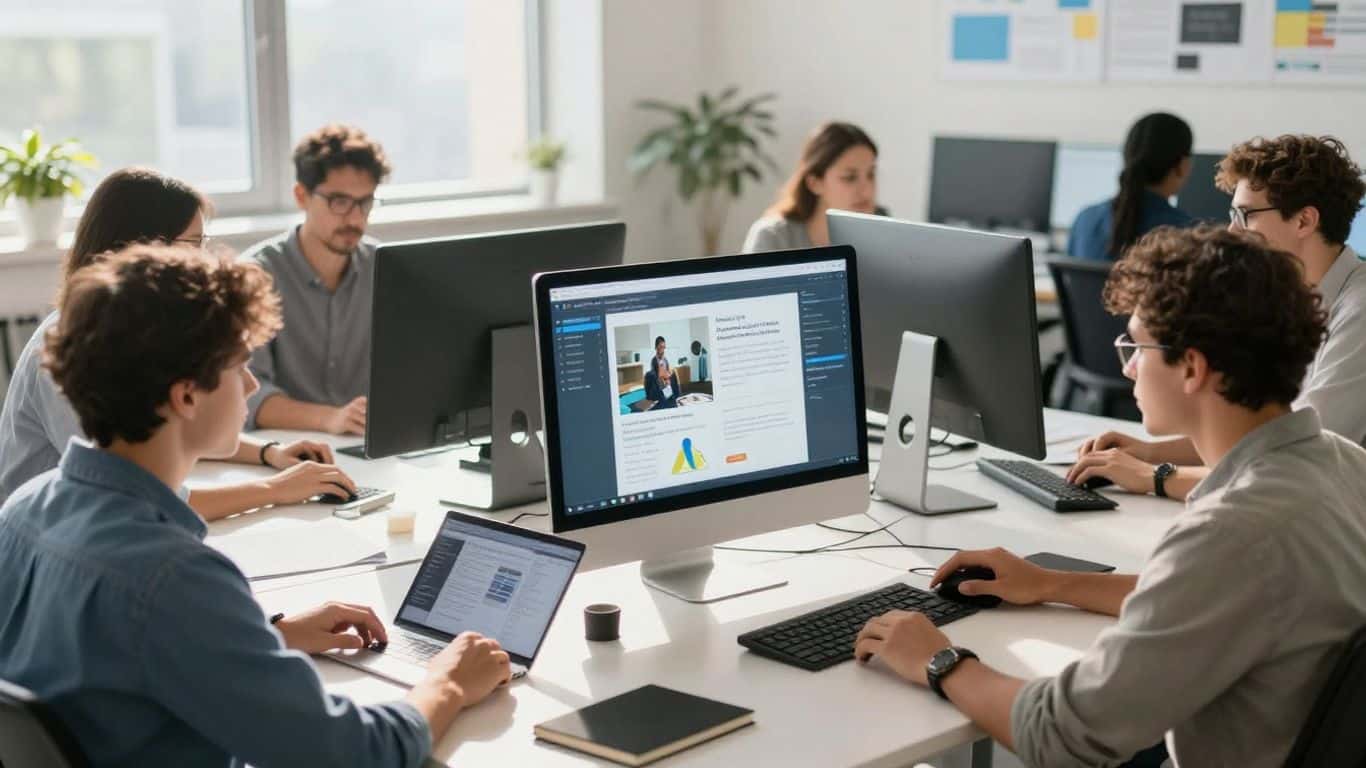 People using a learning management system on a computer.
