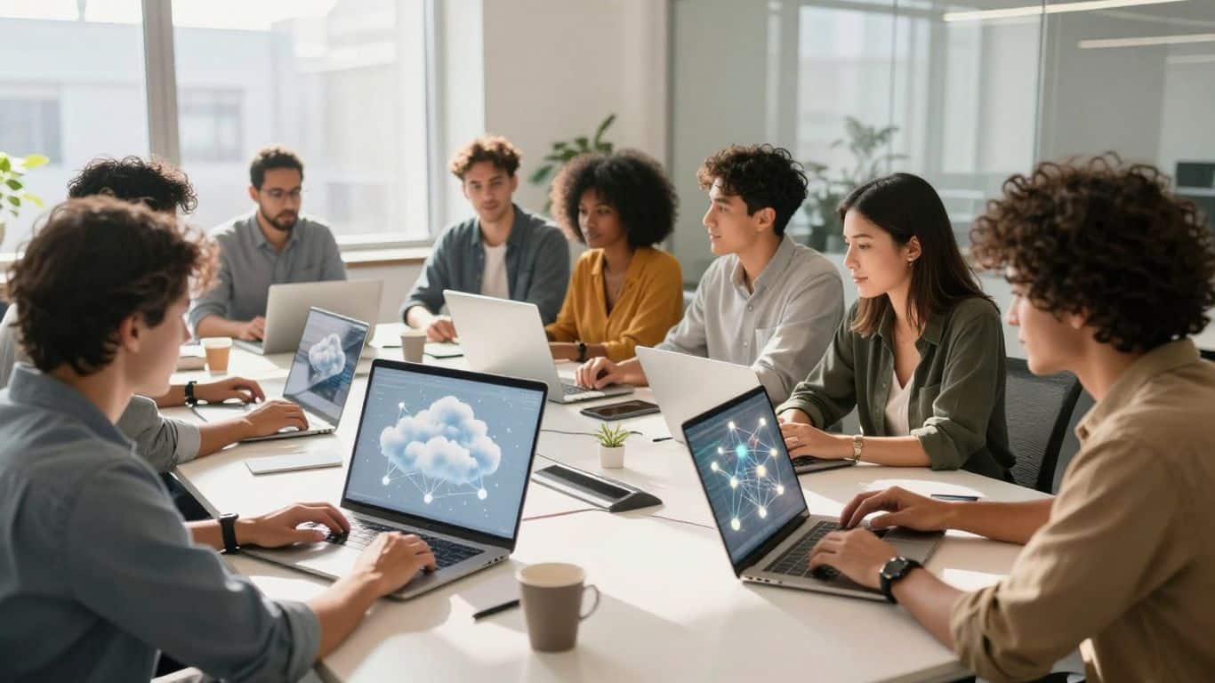 Team collaborating with cloud-based learning management systems.