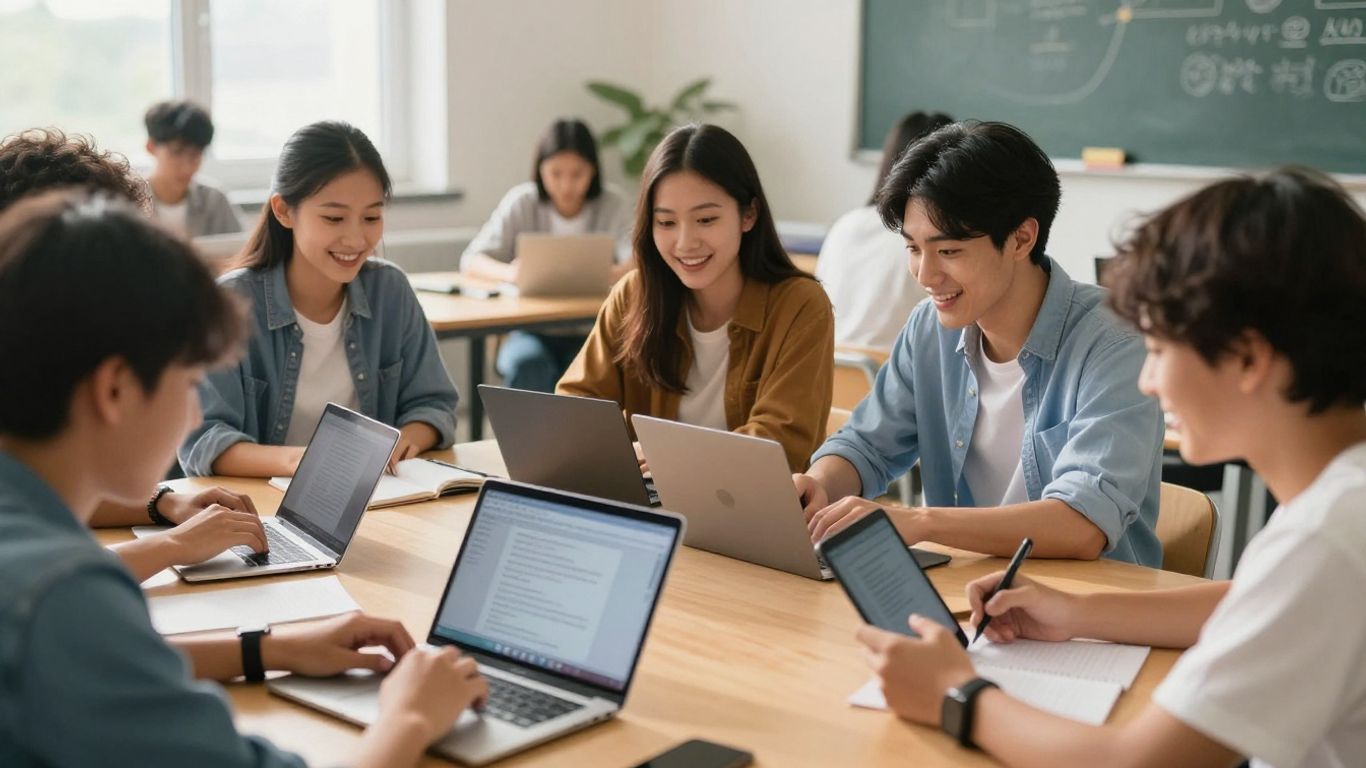 Students and teachers using learning management systems in a classroom.
