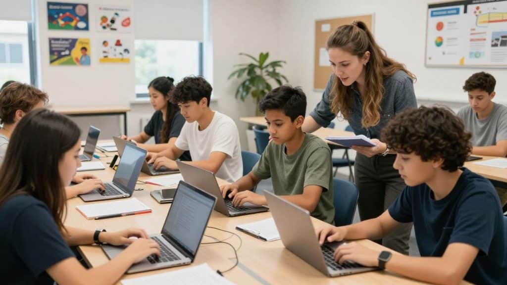 People using laptops in a modern classroom setting.