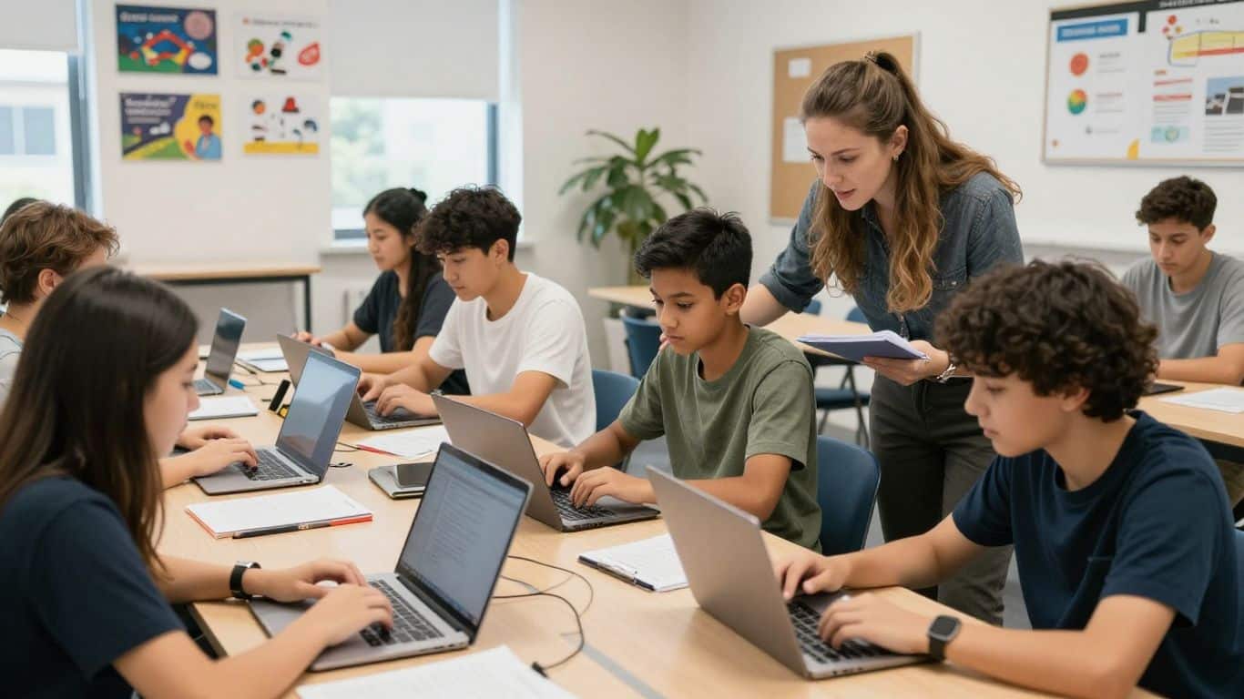 People using laptops in a modern classroom setting.